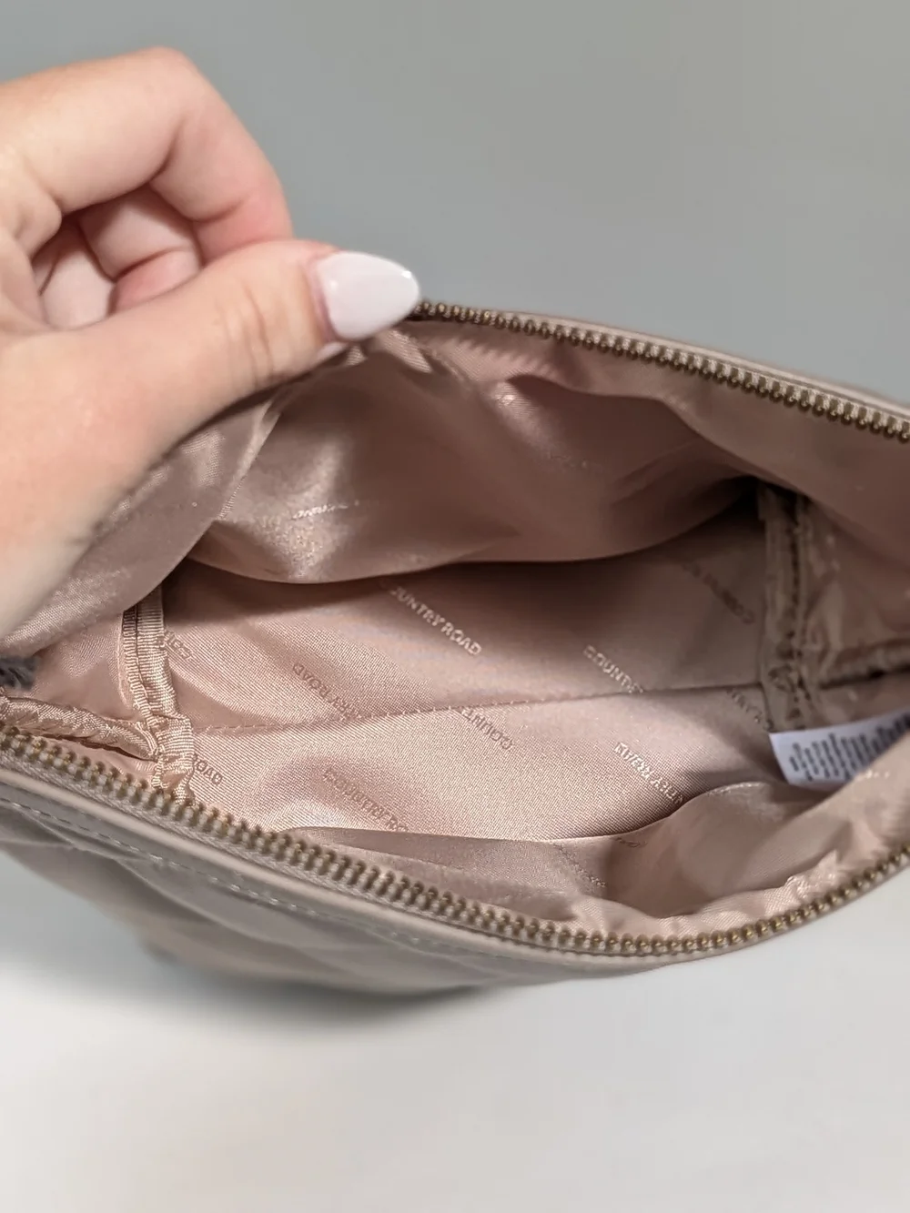 Country Road Quilted Taupe Leather Cosmetic Pouch with Gold Hardware